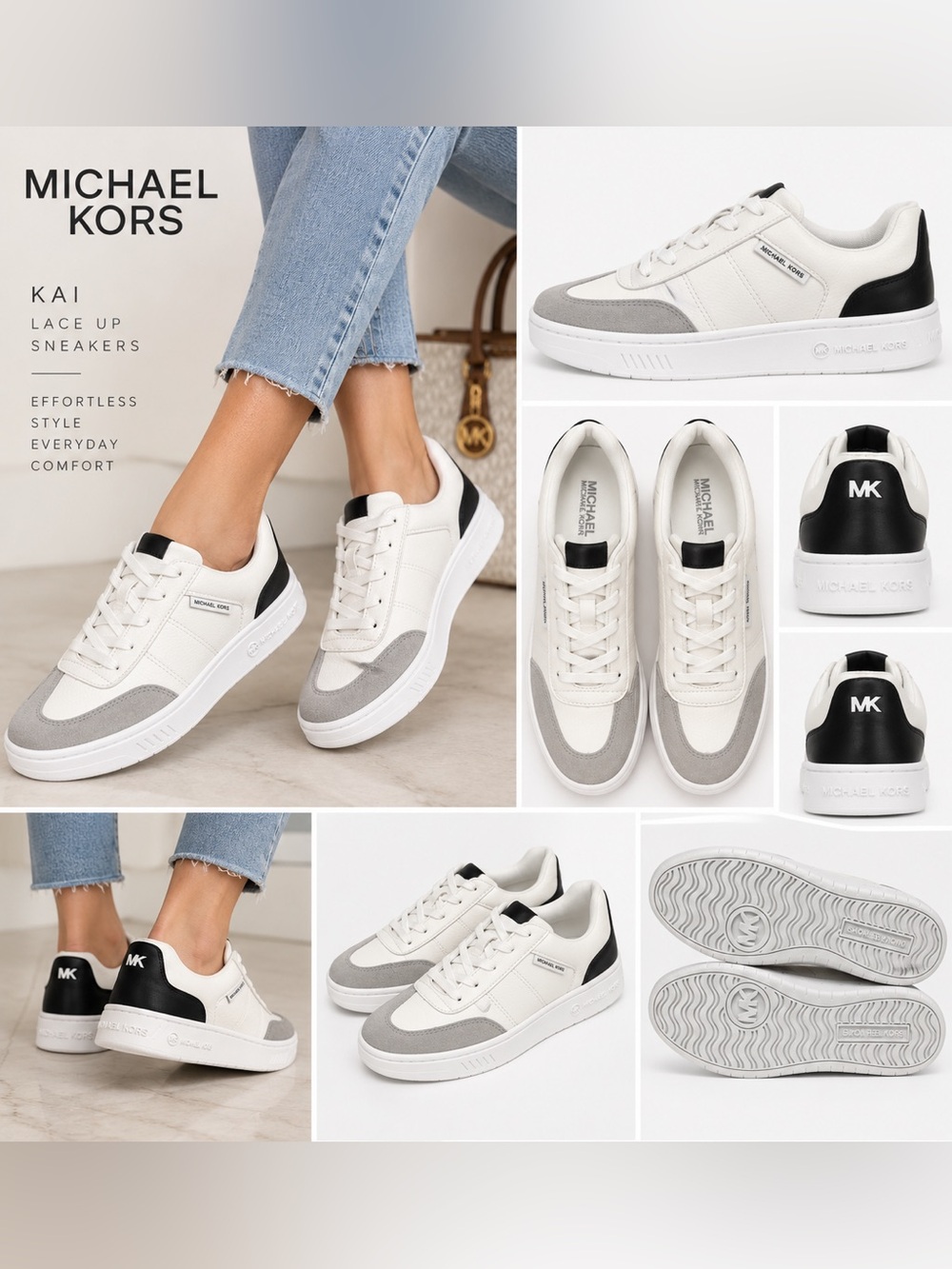 Michael Kors Kai Lace Up Sneakers White Gray Black Women’s 6.5 NWT